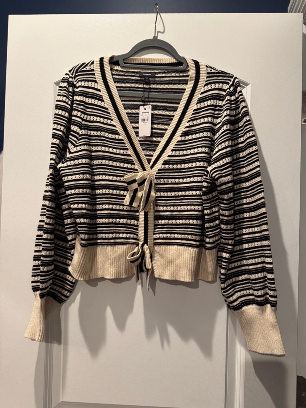 NWT! Express STRIPED BOW CARDIGAN Black & Cream Size XL
